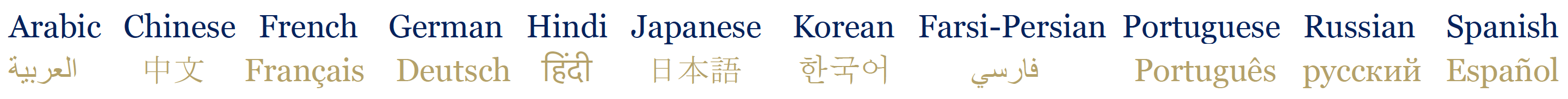 Languages: Arabic, Chinese, French, German, Hindi, Japanese, Korean, Farsi-Persian, Portuguese, Russian, Spanish