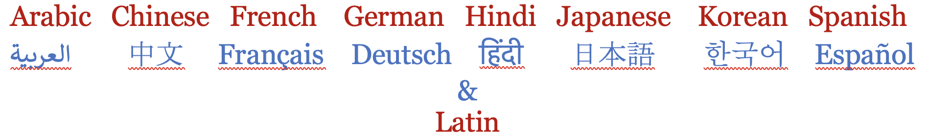 Languages: Arabic, Chinese, French, German, Hindi, Japanese, Korean, Spanish, and Latin